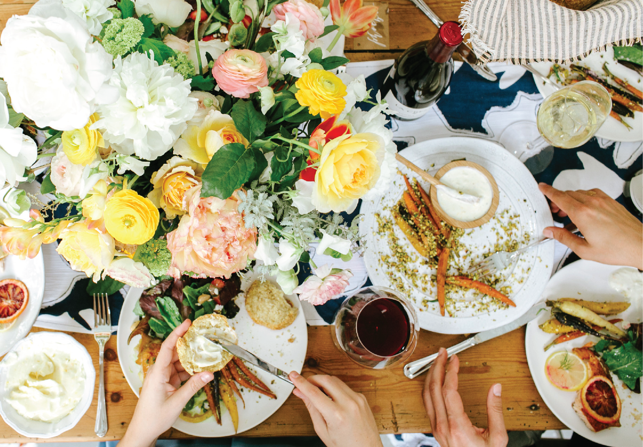 A table-scape with flowers, small bites and La Crema wine