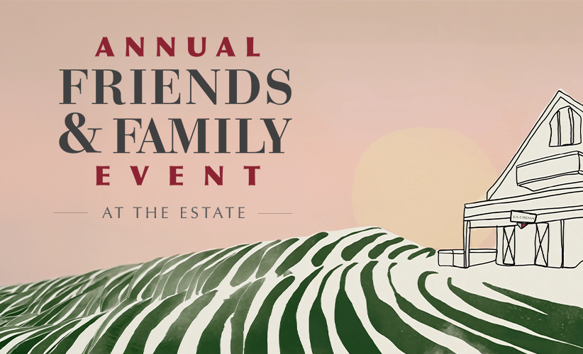 Annual Friends and Family Event, watercolor painting of the winery estate with vineyards and winery building