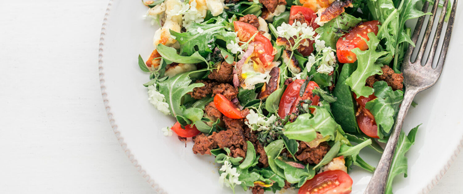 Chorizo & Crumbled Halloumi Salad with Sumac Oregano Dressing