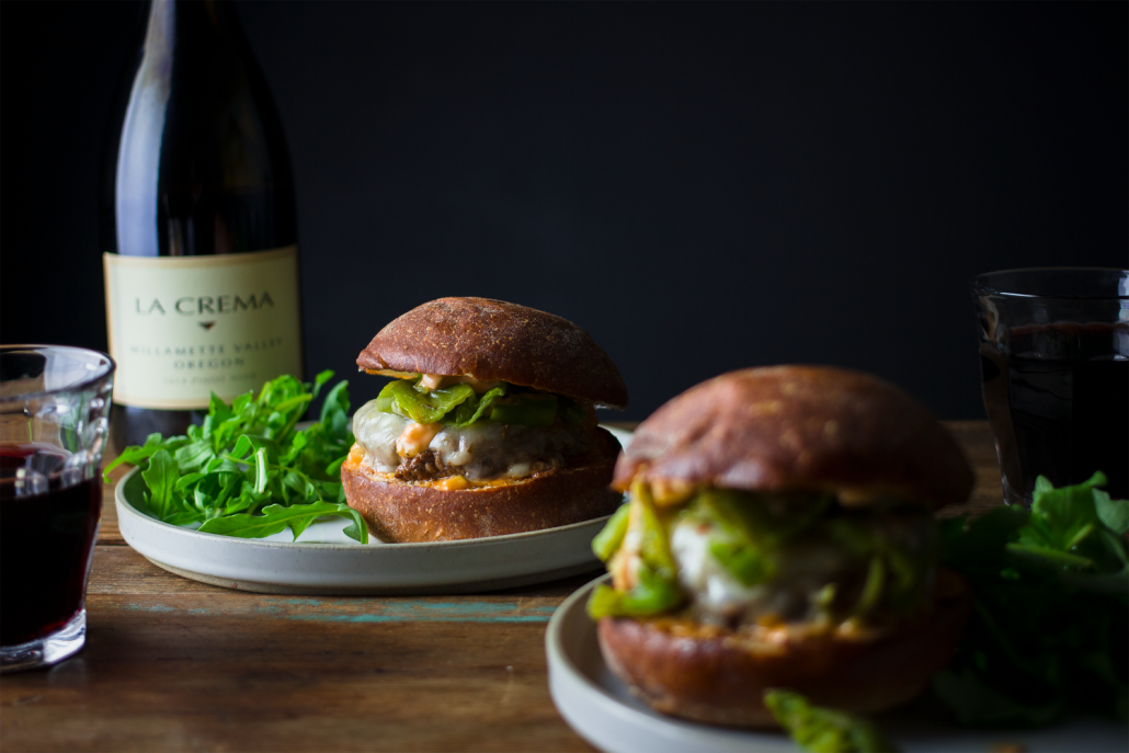 Hatch chile burgers with la Crema Pinot Noir