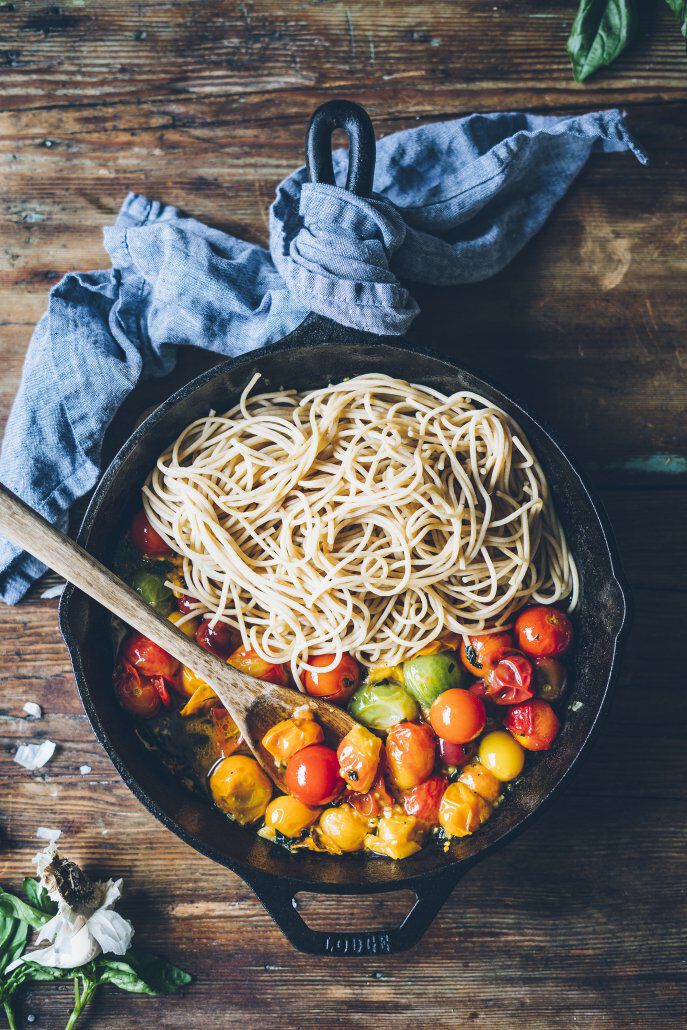 Blistered tomato pasta in a cast iron skillet