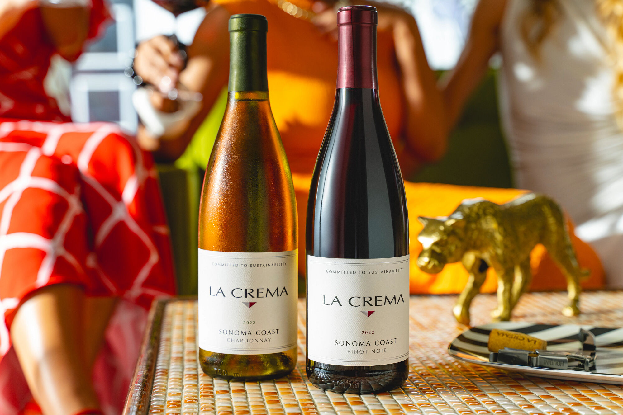 La Crema Sonoma Coast Chardonnay and Pinot Noir on a table