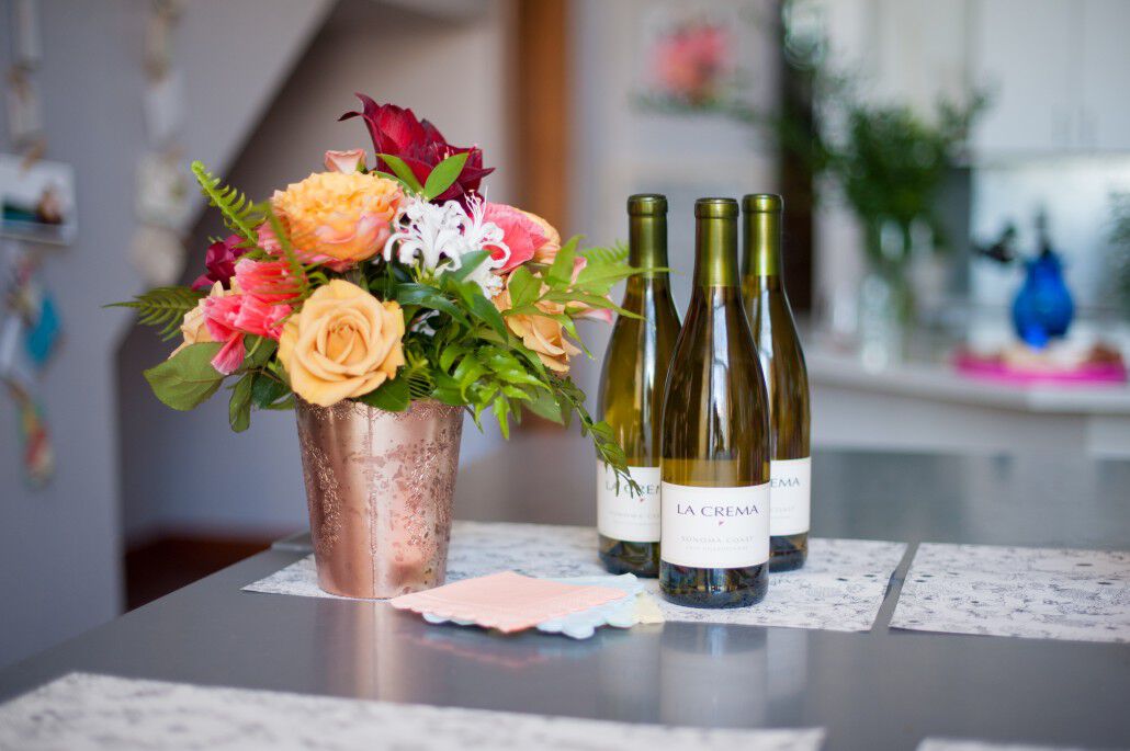 Flowers and La Crema wine