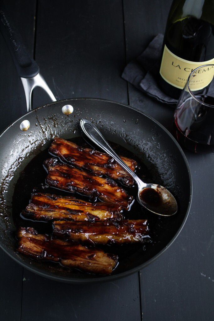 Red wine caramelized pork belly with La Crema wine