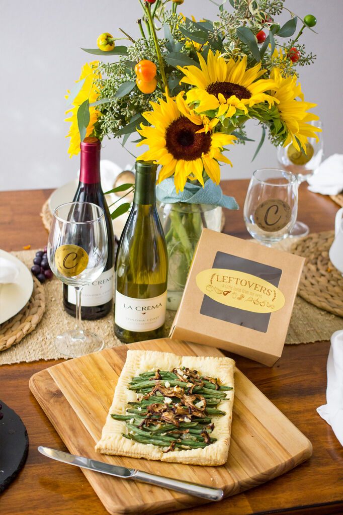 Green bean mushroom tart with wine and flowers