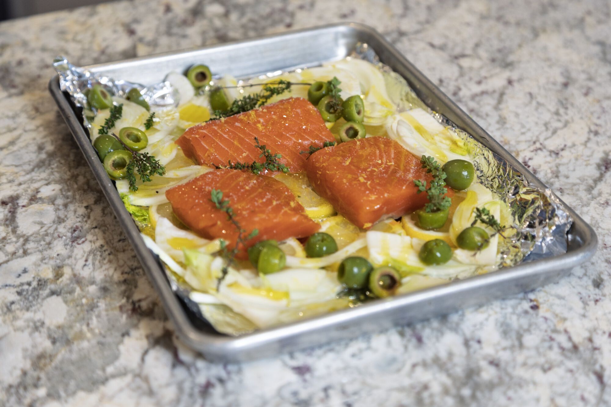 Salmon on a baking tray