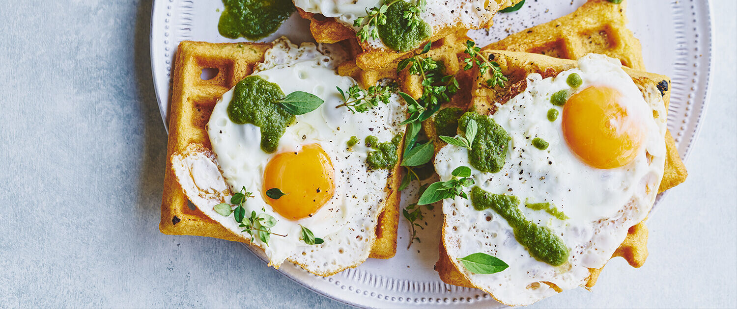 Green Huevos Rancheros with Cornmeal Waffle
