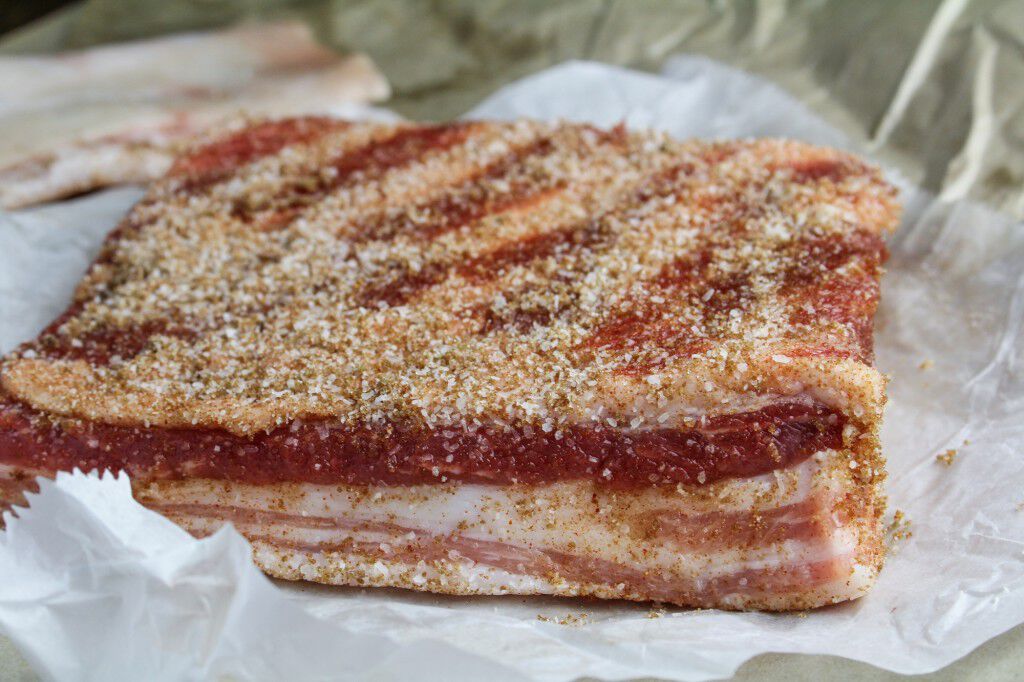 Seasoned raw pork belly