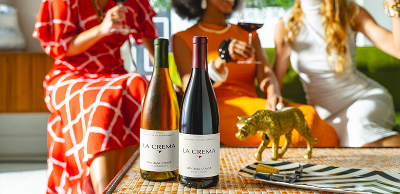 Three females enjoying glass of wine on couch