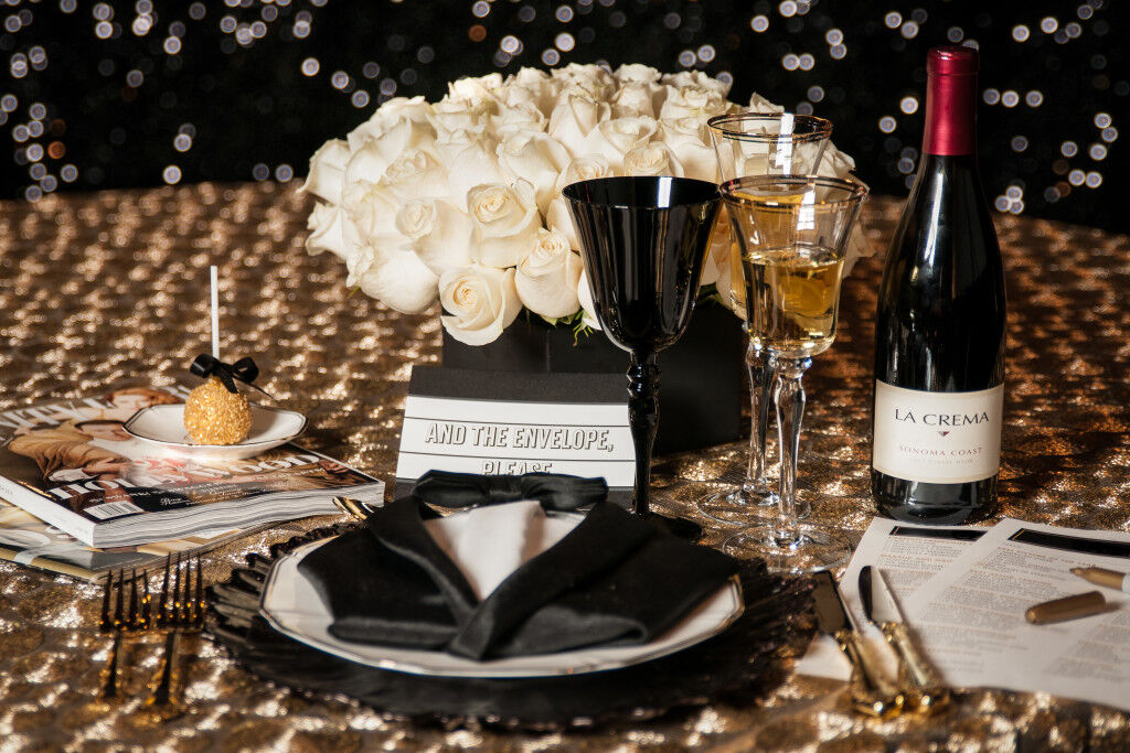 Tablescape for movie awards night with wine