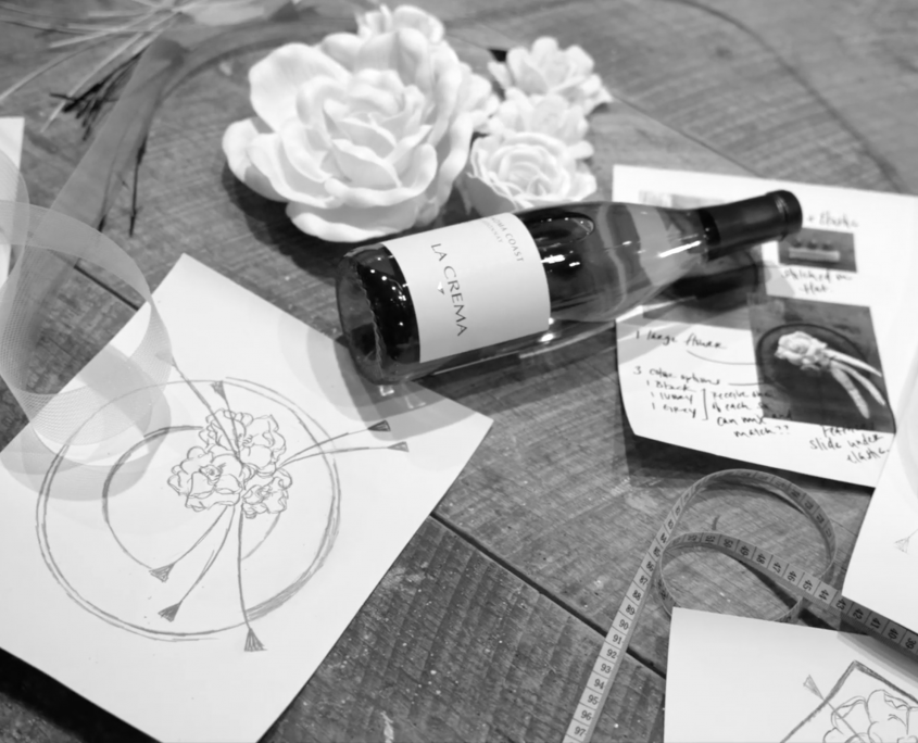 La Crema Bottle with Derby Hat and design tools