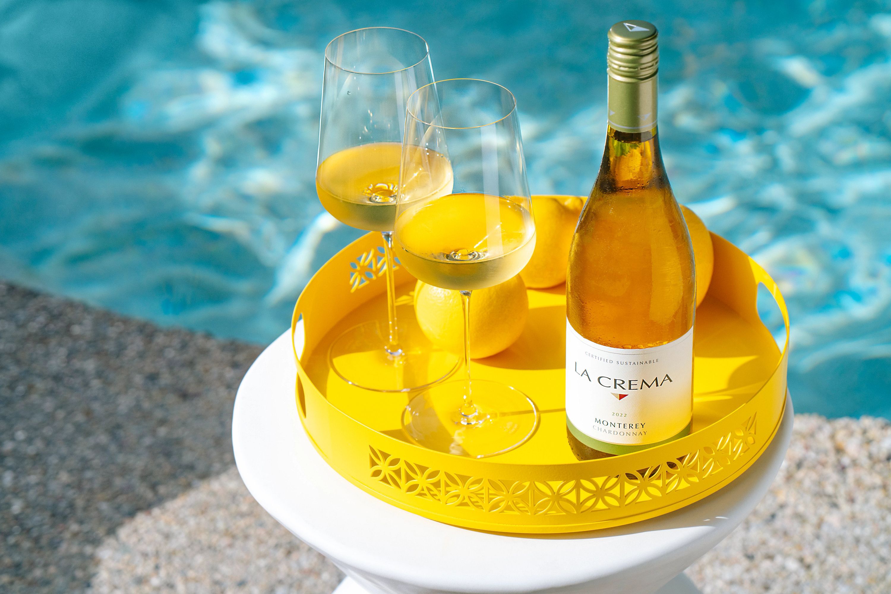 La Crema Chardonnay wine by the pool