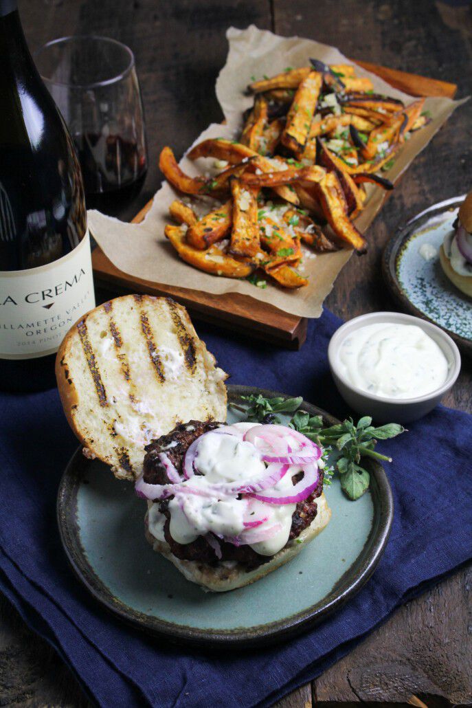 Lamb burger with sweet potato fries