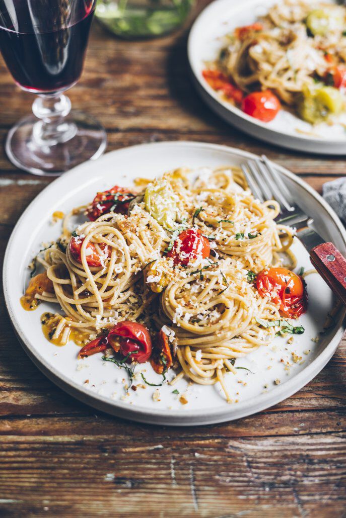 Blistered tomato pasta on a plate