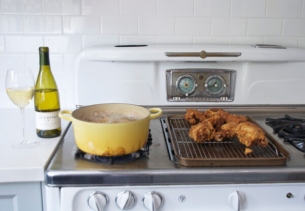 Fried chicken cooling on a tray