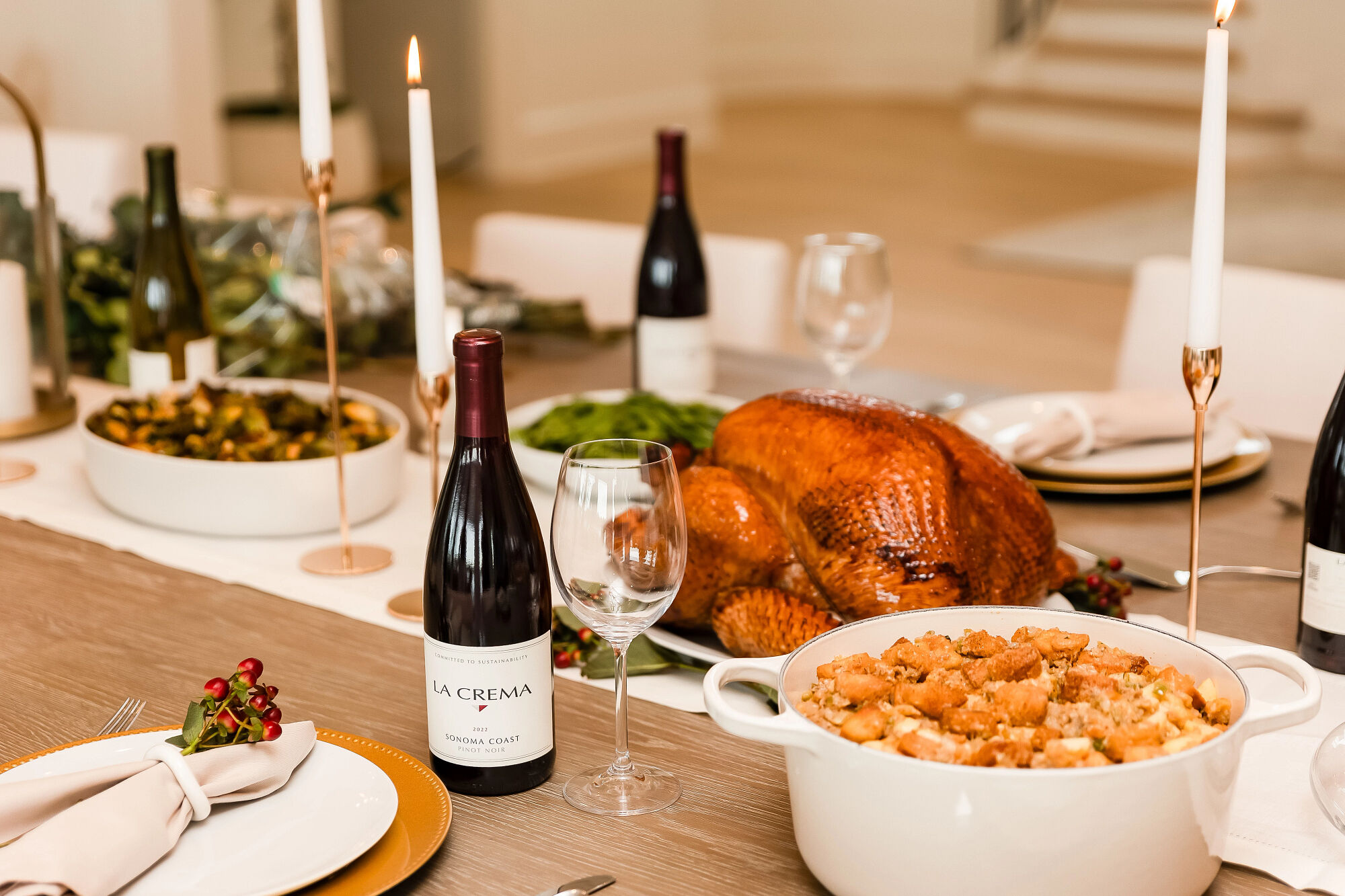 A holiday Thanksgiving dinner spread with La Crema wine