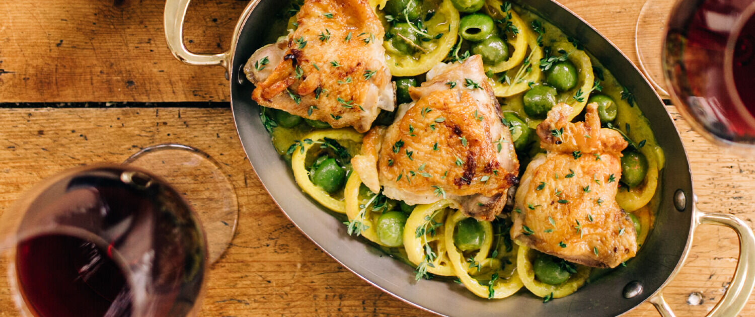 Spring Entertaining: Braised Chicken Thighs with Olives, Lemon and Thyme