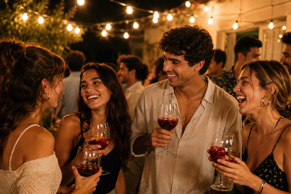 A group of friends, women and men, who are enjoying wine while walking through the La Crema Estate vineyard