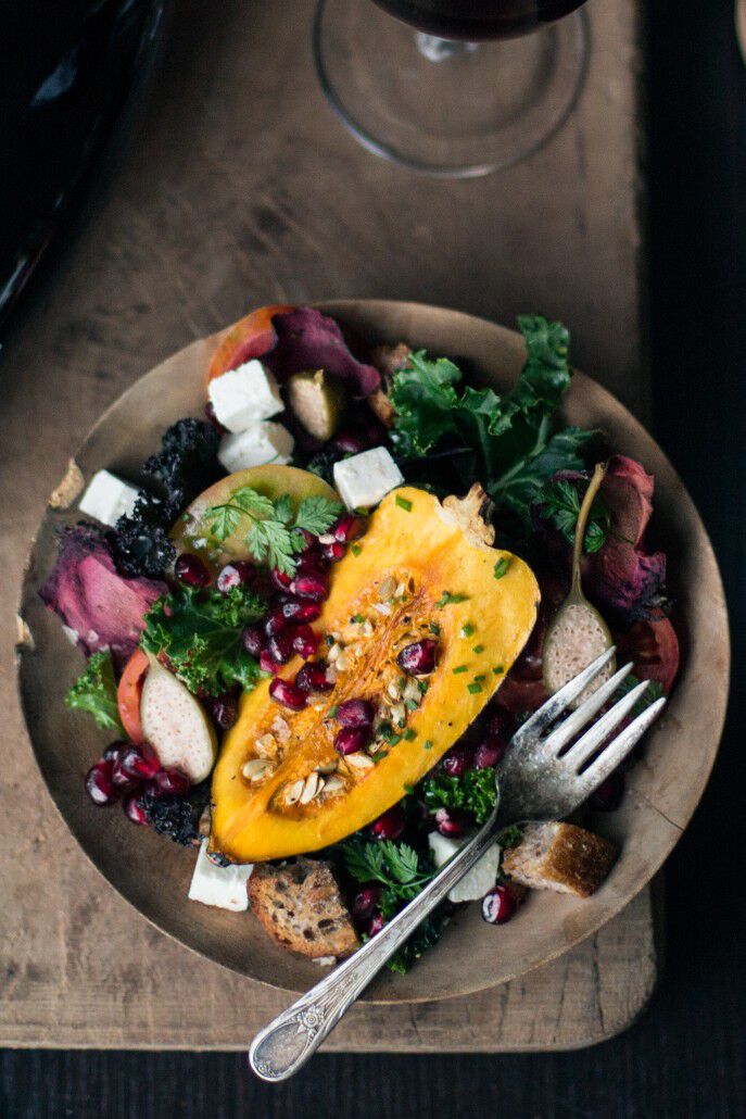 Winter panzanella salad in a bowl