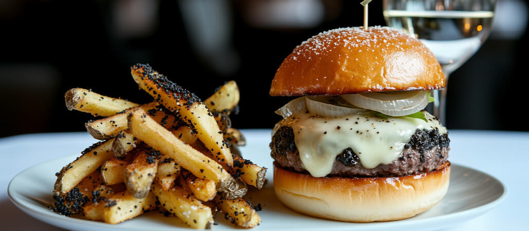 Burger and fries with wine