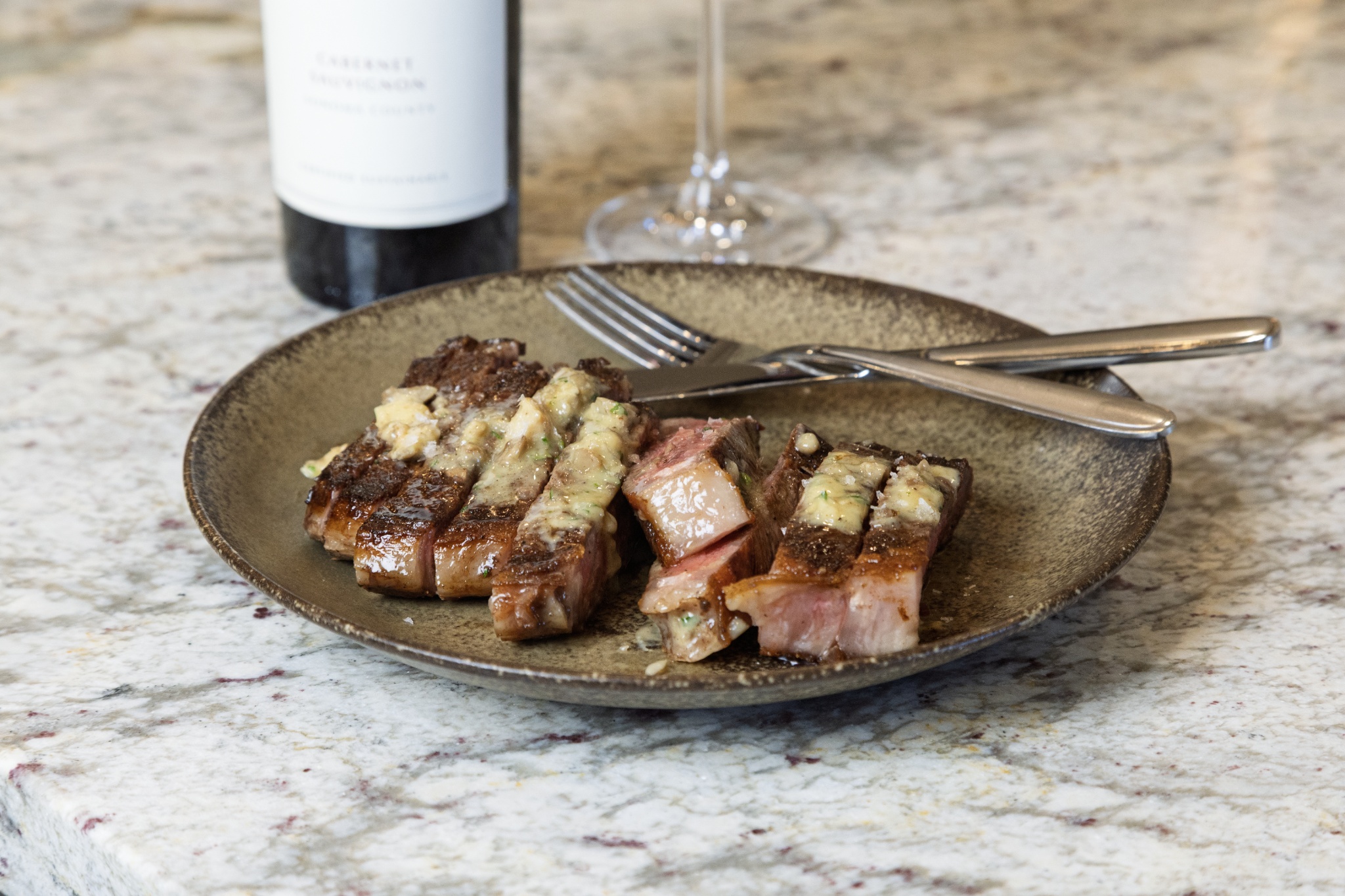 Steak with mushroom compound butter and La Crema Cabernet Sauvignon