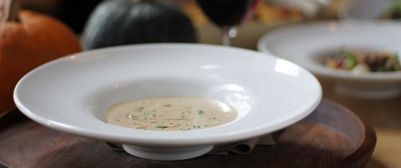 Chanterelle Soup with Turkey & Cranberry Garnish