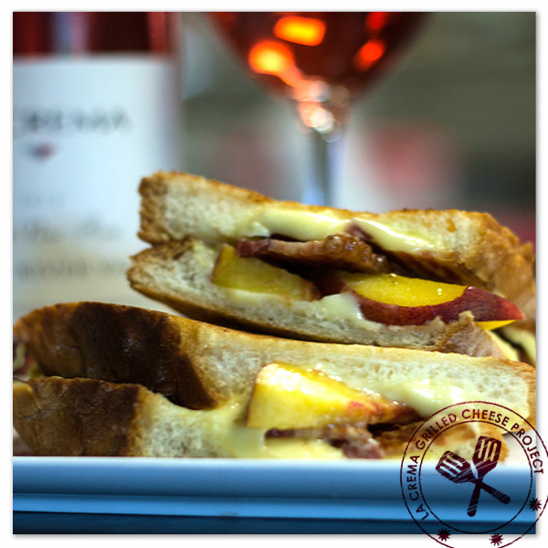 This grilled cheese creation features mild, delicate Crescenza cheese with smoked platter bacon and ripe peaches.
