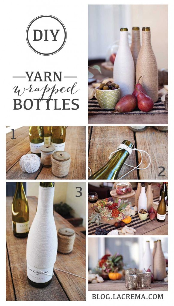 Ever wondered what to do with all those left over La Crema wine bottles? Here is a simple DIY on how to wrap wine bottles with yarn to create rustic table décor.