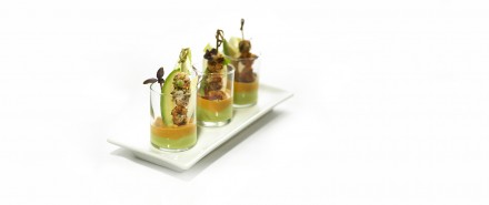 Grilled Rock Shrimp with Avocado Butter and Hazelnut Romesco hero image