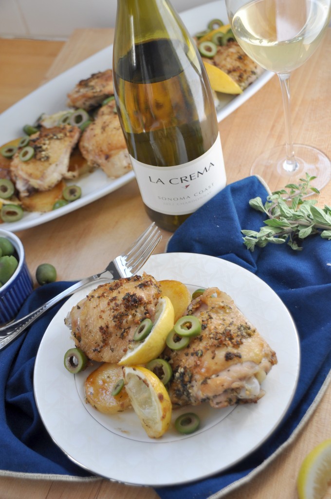 Chicken Thighs with Potato, Lemon & Castelvetrano Olives. Simple, rustic Mediterranean-inspired meal. Pair with La Crema Chardonnay.