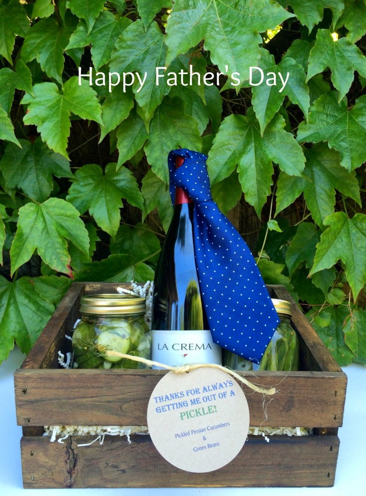 Great gift box idea for dad: Homemade pickled veggies and La Crema wine.