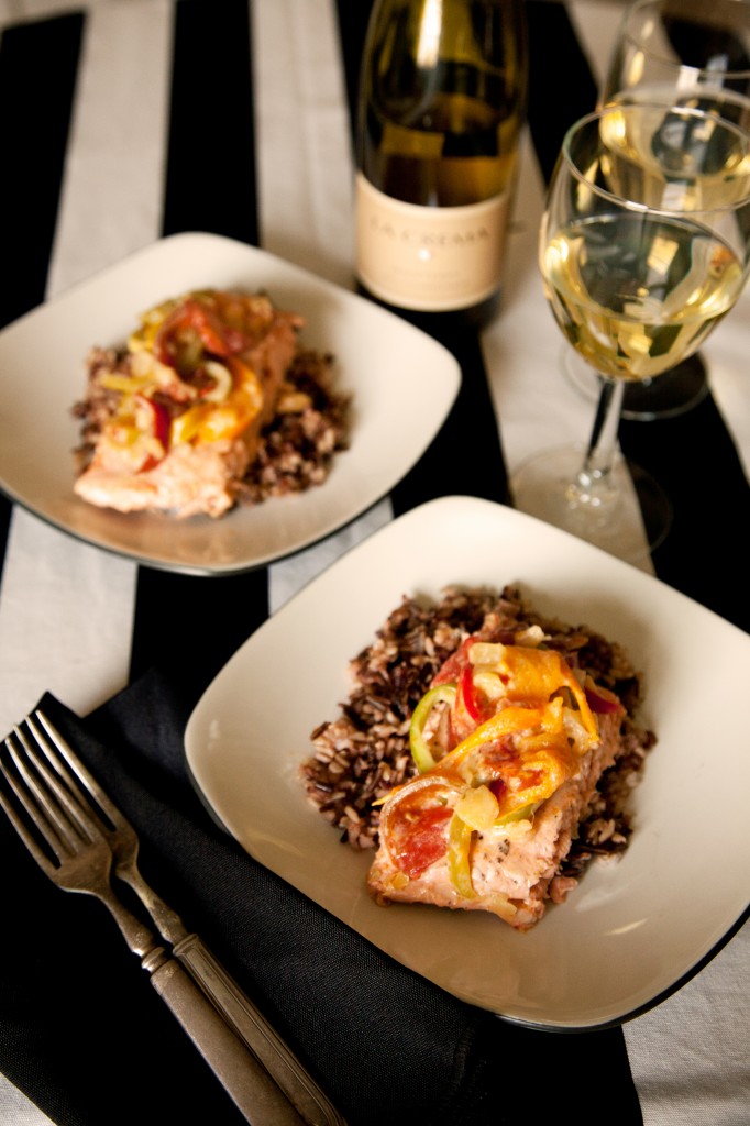 Salmon with Tomato Bell Pepper Pineapple Curry Paired with La Crema Monterrey Chardonnay Plated for Two