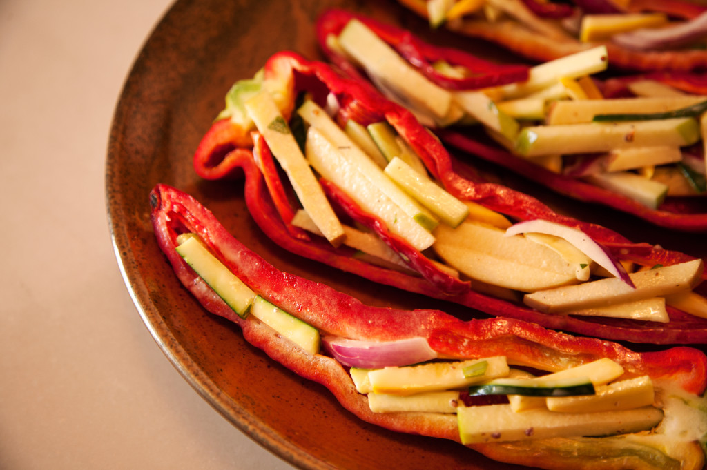 When preparing the sweet peppers, leave stems in tact to give guests a spot to hold.