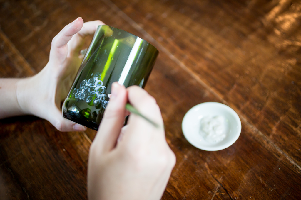 DIY Etched Wine Bottle Votive Holder. Etching portion