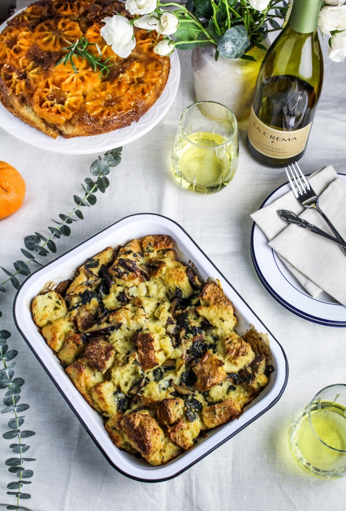 New Year's Day Brunch - Wild Mushroom, Goat Cheese, and Roasted Garlic Strata #LaCremaStyle