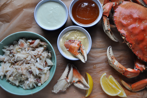 Dungeness Crab with a trio of dipping sauces: Perfect for an informal winter feast!