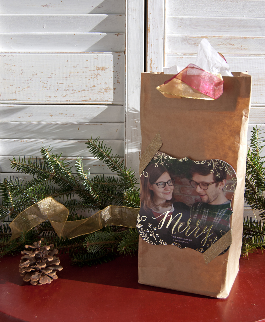 Make your own perfectly sized paper bag. Customize it with ribbon to match your bottle of wine and attach this year’s Christmas card so your host is sure to know whom it’s from. 