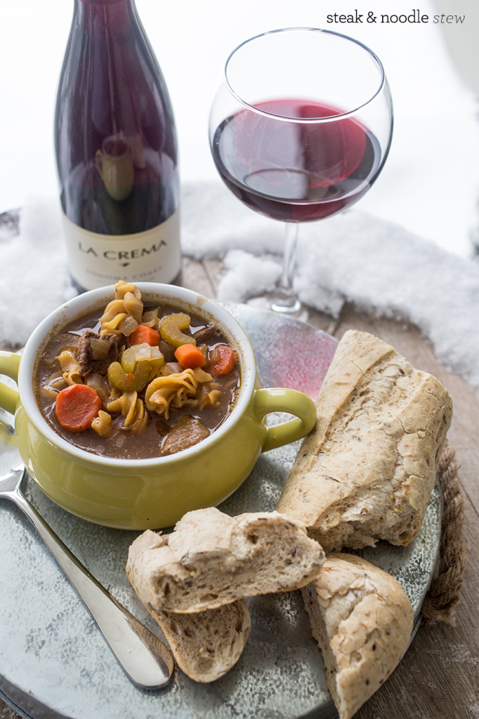 steak and noodle stew with homemade seeded herb baguette