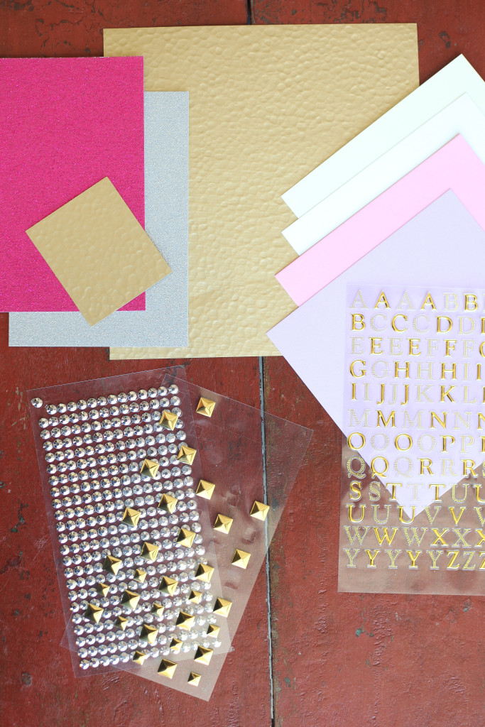 Assorted cardstock and embellishments for making your own Dip-Dyed Valentines