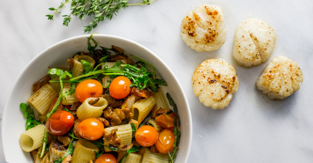 A deliciously easy date night meal- rustic arugula and mushroom pasta salad with perfect sauteed scallops