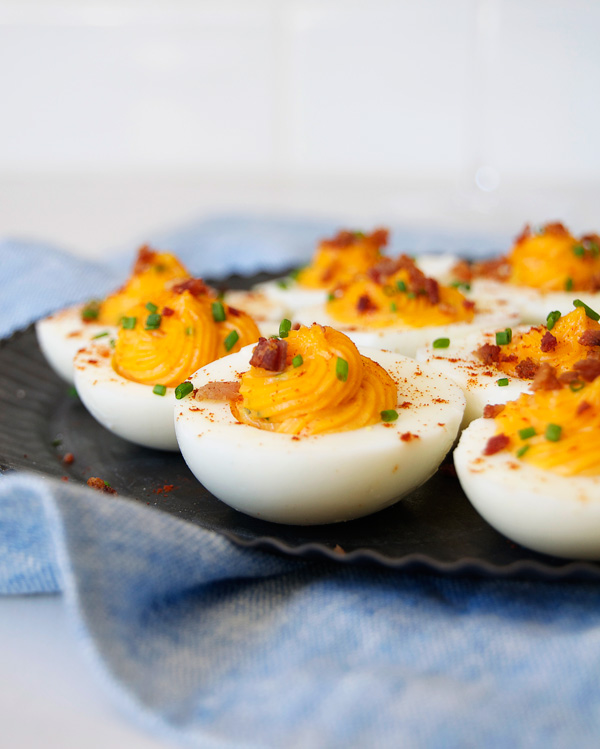 Sriracha Deviled Eggs with Crumbled Bacon