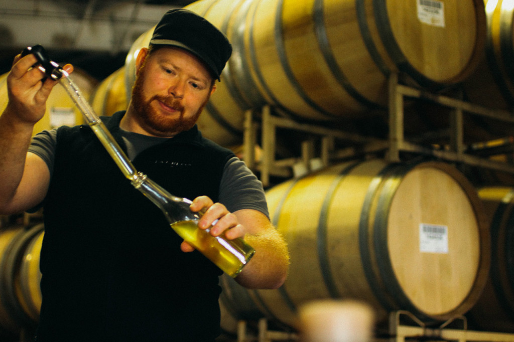 Assistant Winemaker, Matt Flick perfects his Chardonnay blend for blind tasting.