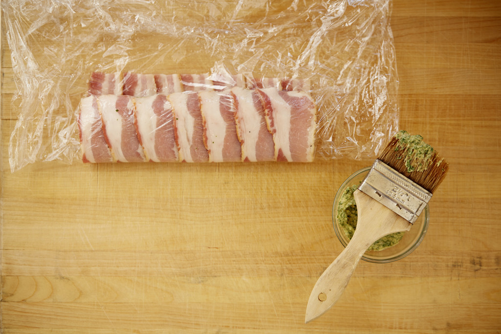 Wrapped pork tenderloin before it goes in the oven.