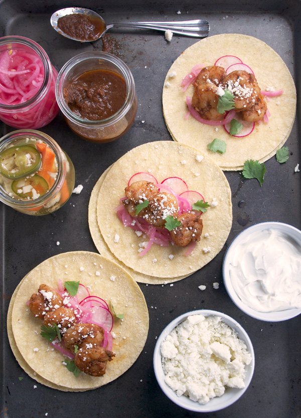 Southern California Shrimp Tacos: Pickled onions and fresh radishes add terrific taste and textural elements.