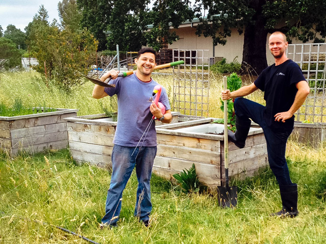 la crema employees posing like farmers