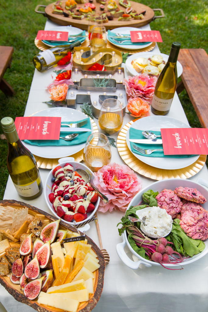 Wine tasting brunch party -- marquee lights for table decor!