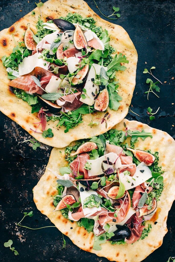 Flatbread with Sage & Arugula Pesto, Fig, and Prosciutto 