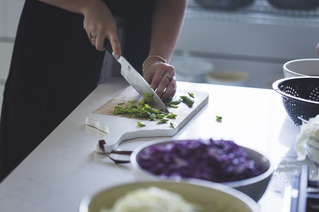 Snow peas cut on the bias to accompany a Honey Mustard Glazed Salmon