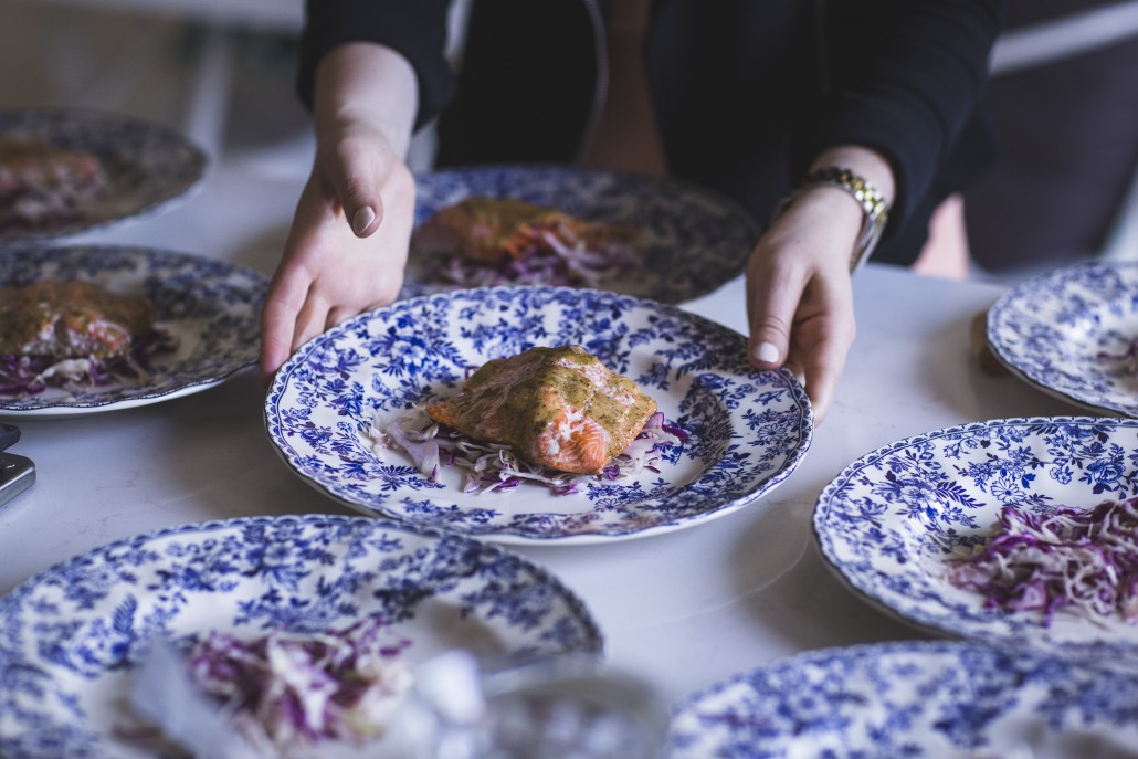 Honey Mustard Glazed Salmon: Set up your plate! Put down a bed of greens first, then place a filet on top