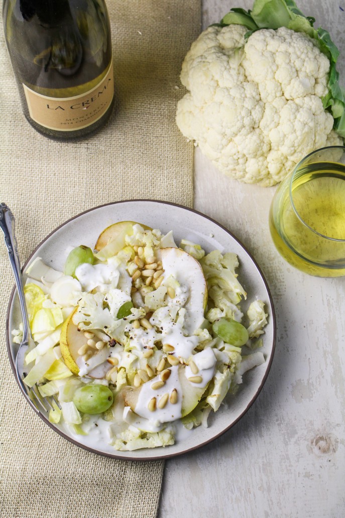 Winter White Salad - Roast Cauliflower, Endive, Pear, and Blue Cheese Buttermilk Dressing